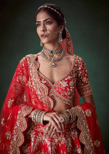 Red Silk Gold Zari Embellished Bridal Lehenga Set