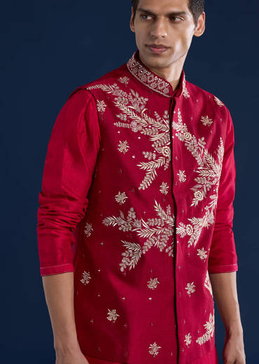 Red Silk Kurta and Jacket Set with Mirror Work