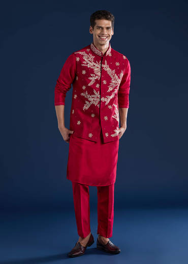 Red Silk Kurta and Jacket Set with Mirror Work