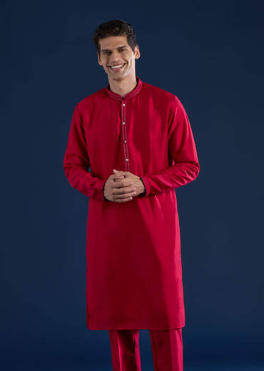 Red Silk Kurta and Jacket Set with Mirror Work