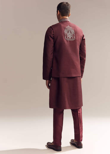 Red Silk Kurta Jacket Set For Men With Heavy Hand Work