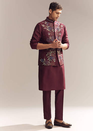 Red Silk Kurta Jacket Set For Men With Resham Embroidery