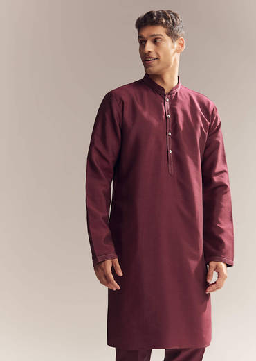 Red Silk Kurta Jacket Set For Men With Resham Embroidery