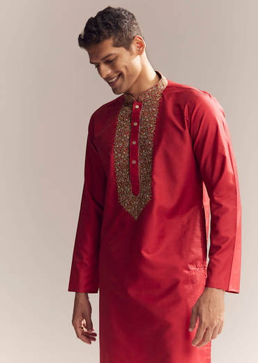 Red Silk Kurta Set For Men With Aari And Resham Knots