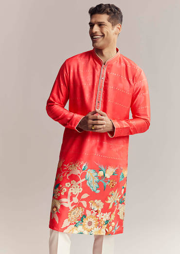 Red Silk Kurta Set For Men With Floral Print