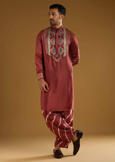 Red Silk Kurta Set For Men With Hand Dyed Leheriya Print