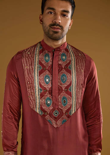 Red Silk Kurta Set For Men With Hand Dyed Leheriya Print