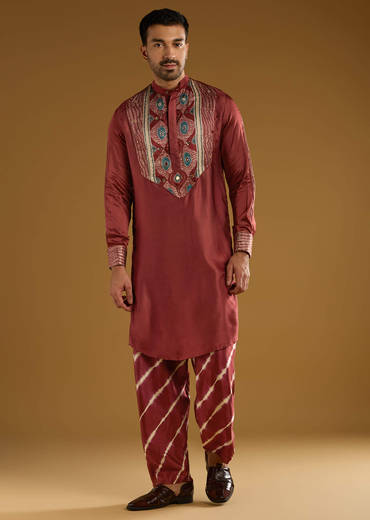 Red Silk Kurta Set For Men With Hand Dyed Leheriya Print