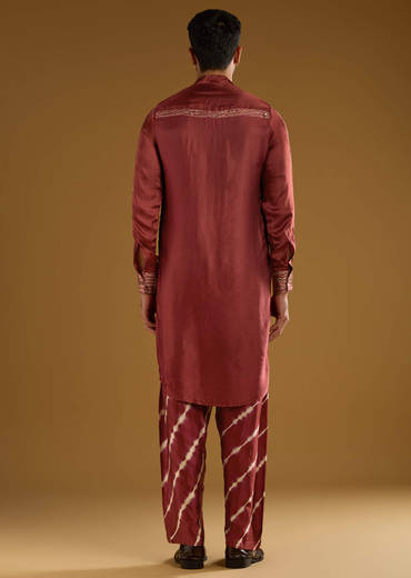Red Silk Kurta Set For Men With Hand Dyed Leheriya Print