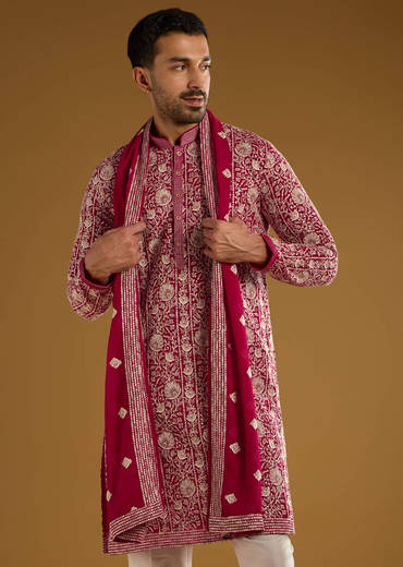 Red Silk Kurta Set For Men With Resham Embroidery