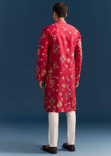 Red Silk Kurta Set For Men With Thread Embroidery
