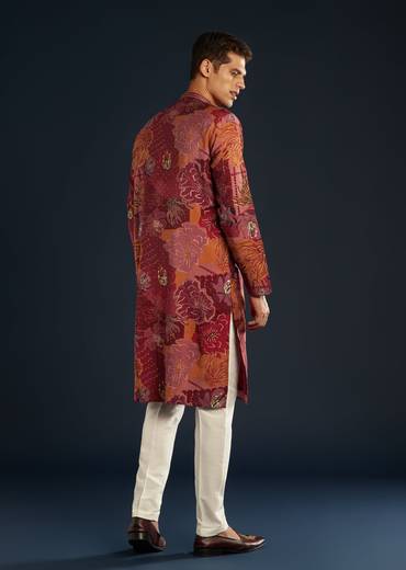 Red Silk Kurta Set With Foil Work