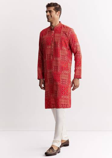 Red Silk Kurta Set With Mandarin Collar