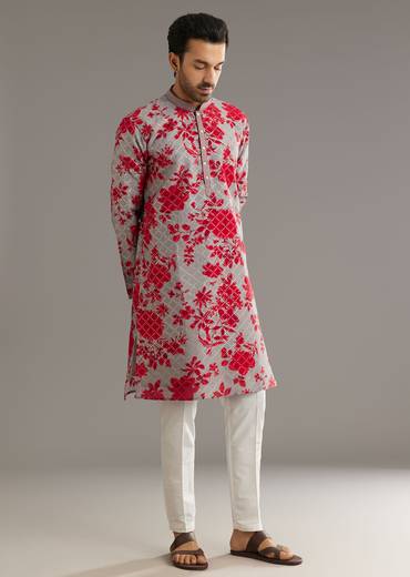 Red Silk Kurta Set With Stone Embellishment