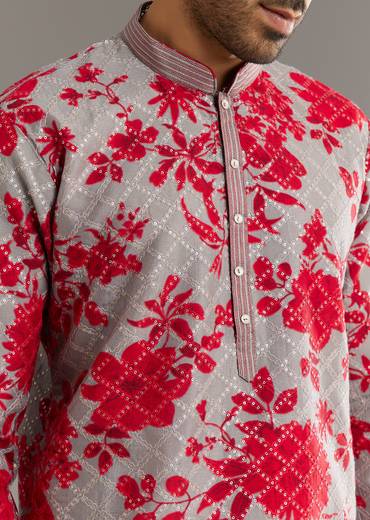 Red Silk Kurta Set With Stone Embellishment