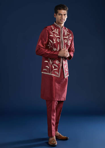 Red Silk Mirror Work Kurta and Jacket Set