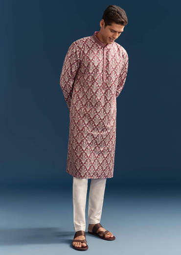 Red Silk Printed Kurta Set For Men With Thread Embroidery