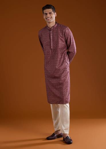 Red Silk Resham Embroidered Mens Kurta Pant Set