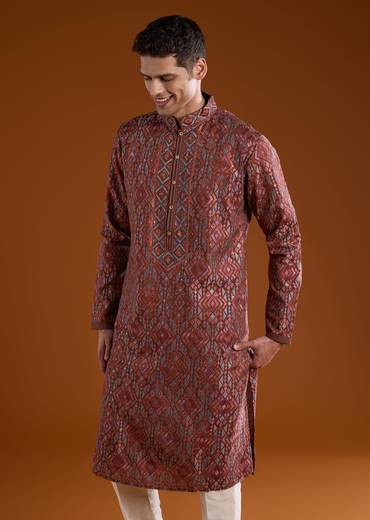 Red Silk Resham Motif Mens Kurta Pant Set