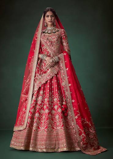 Red Silk Sequin and Stone Embellished Bridal Lehenga Set
