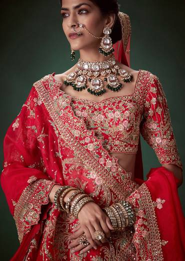 Red Silk Sequin and Stone Embellished Bridal Lehenga Set