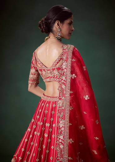 Red Silk Sequin and Stone Embellished Bridal Lehenga Set