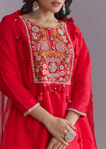 Red Silk Sharara Suit With Resham Work And Cape Dupatta
