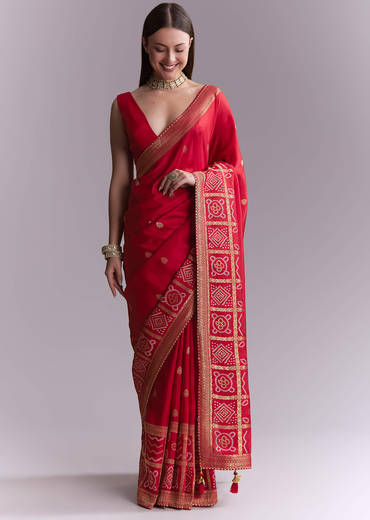 Red Silk Woven Saree With Booti Work And Bandhani Motifs