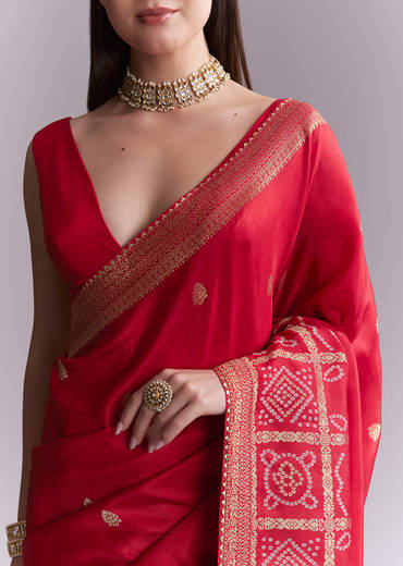Red Silk Woven Saree With Booti Work And Bandhani Motifs