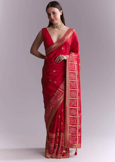 Red Silk Woven Saree With Booti Work And Bandhani Motifs