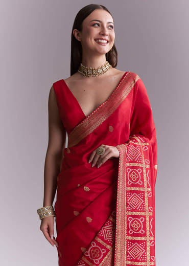 Red Silk Woven Saree With Booti Work And Bandhani Motifs