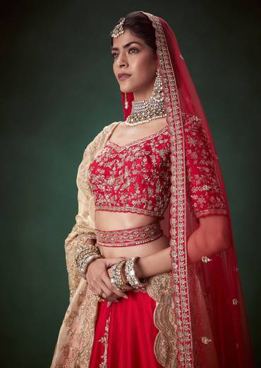 Red Silk Zari Work Bridal Lehenga Set with Two Dupattas