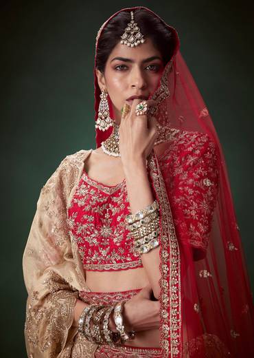 Red Silk Zari Work Bridal Lehenga Set with Two Dupattas