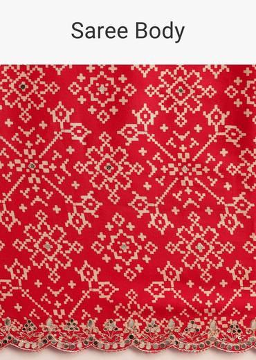 Red Traditional Ajrakh Print Satin Saree With Embellished Scallop Border And Unstitched Blouse