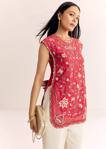 Red Viscose Raw Silk Short Kurta Set With Chinon Kali Palazzo