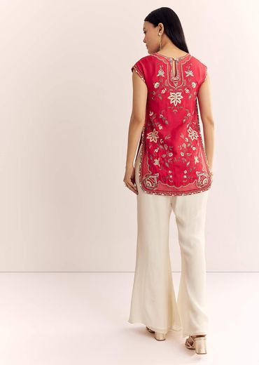 Red Viscose Raw Silk Short Kurta Set With Chinon Kali Palazzo