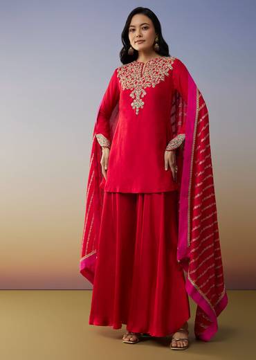 Red Viscose Satin Palazzo Suit with Zardosi Work
