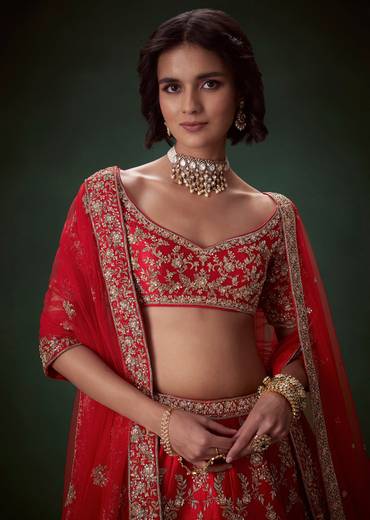 Red Zari Embellished Bridal Lehenga Set with Two Dupattas