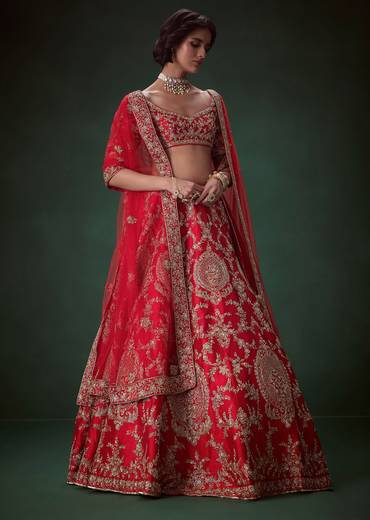 Red Zari Embellished Bridal Lehenga Set with Two Dupattas