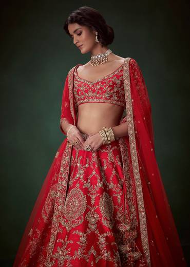Red Zari Embellished Bridal Lehenga Set with Two Dupattas