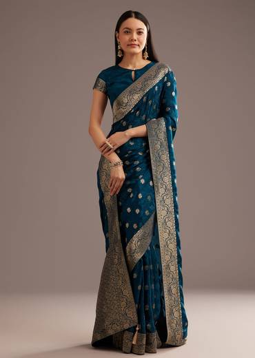 Royal Blue Jaquard Silk Saree With Zari Butti And Brocade Border