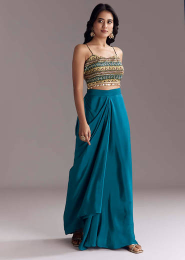 Royal Blue Printed Crop Top Skirt Set With Ajrakh Cape