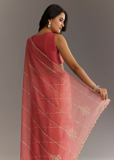Rush Peach Crushed Tissue Saree With Scallop Embroidered Border