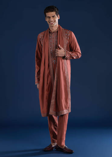 Rust Art Silk Embroidered Mens Kurta Set with Dupatta