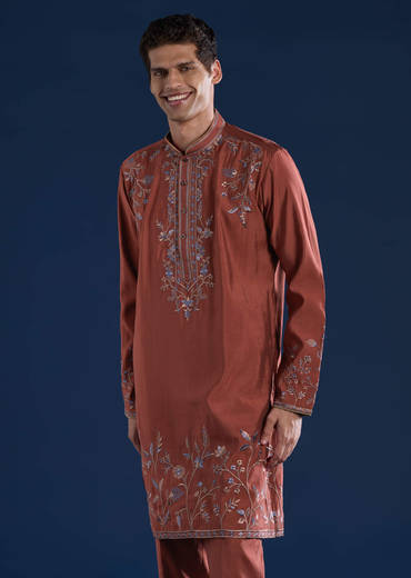 Rust Art Silk Embroidered Mens Kurta Set with Dupatta
