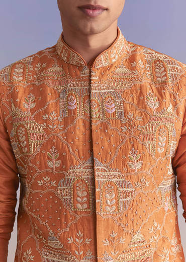 Rust Banarasi Silk Kurta Jacket Set For Men With Embroidery
