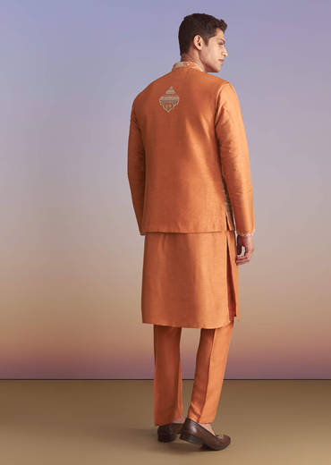 Rust Banarasi Silk Kurta Jacket Set For Men With Embroidery