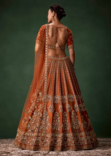 Rust Bridal Raw Silk Embellished Lehenga Set with Two Dupattas