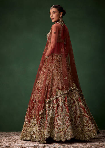 Rust Bridal Silk Embellished Lehenga Set with  Two Dupattas