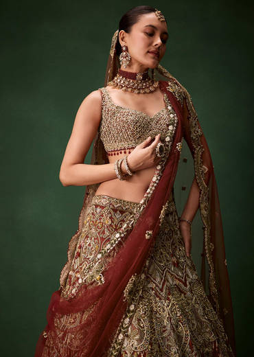 Rust Bridal Silk Embellished Lehenga Set with  Two Dupattas
